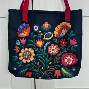 New Floral Bright Mexican Folklore Faux Embroidered Shopping Tote Bag Washable